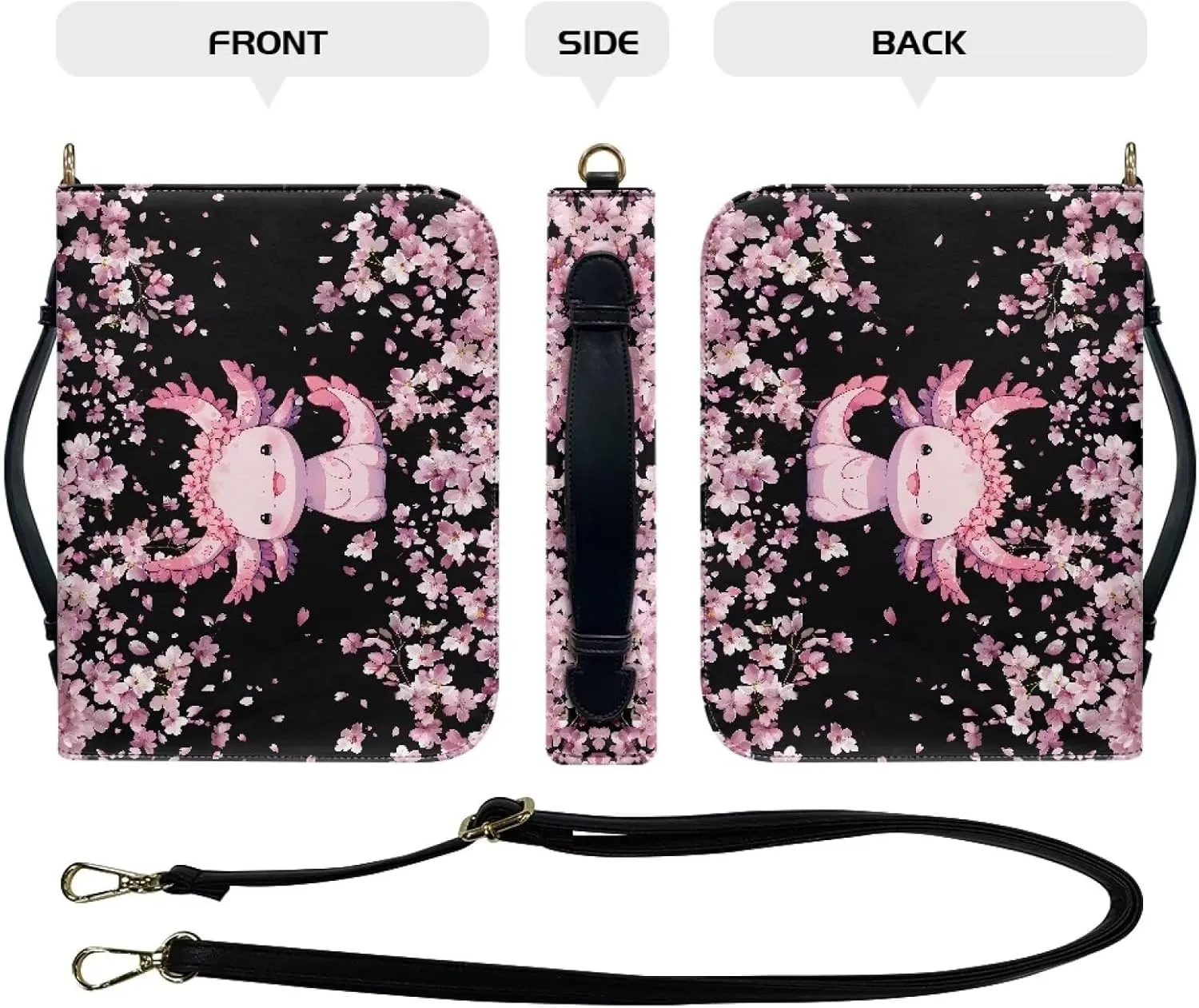 Suobstales Axolotl Cherry Blossom Print Faux Leather Bible Cover for Women Men, Bible Case Bible Carrying Case with Shoulder Strap, Multifunctional Bible Bag for Bible Study/Daily Use/Library, 2XL