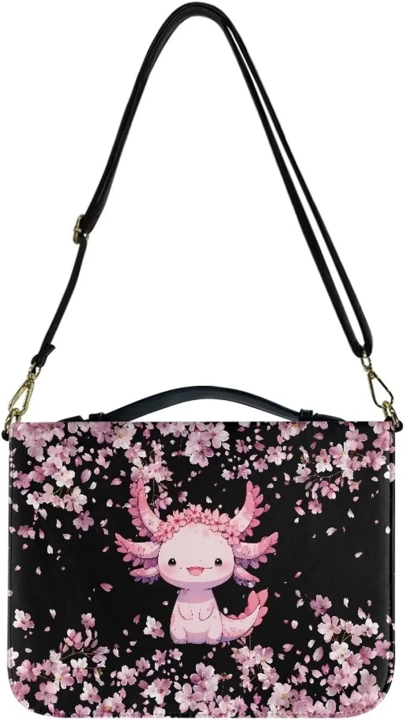 Suobstales Axolotl Cherry Blossom Print Faux Leather Bible Cover for Women Men, Bible Case Bible Carrying Case with Shoulder Strap, Multifunctional Bible Bag for Bible Study/Daily Use/Library, 2XL