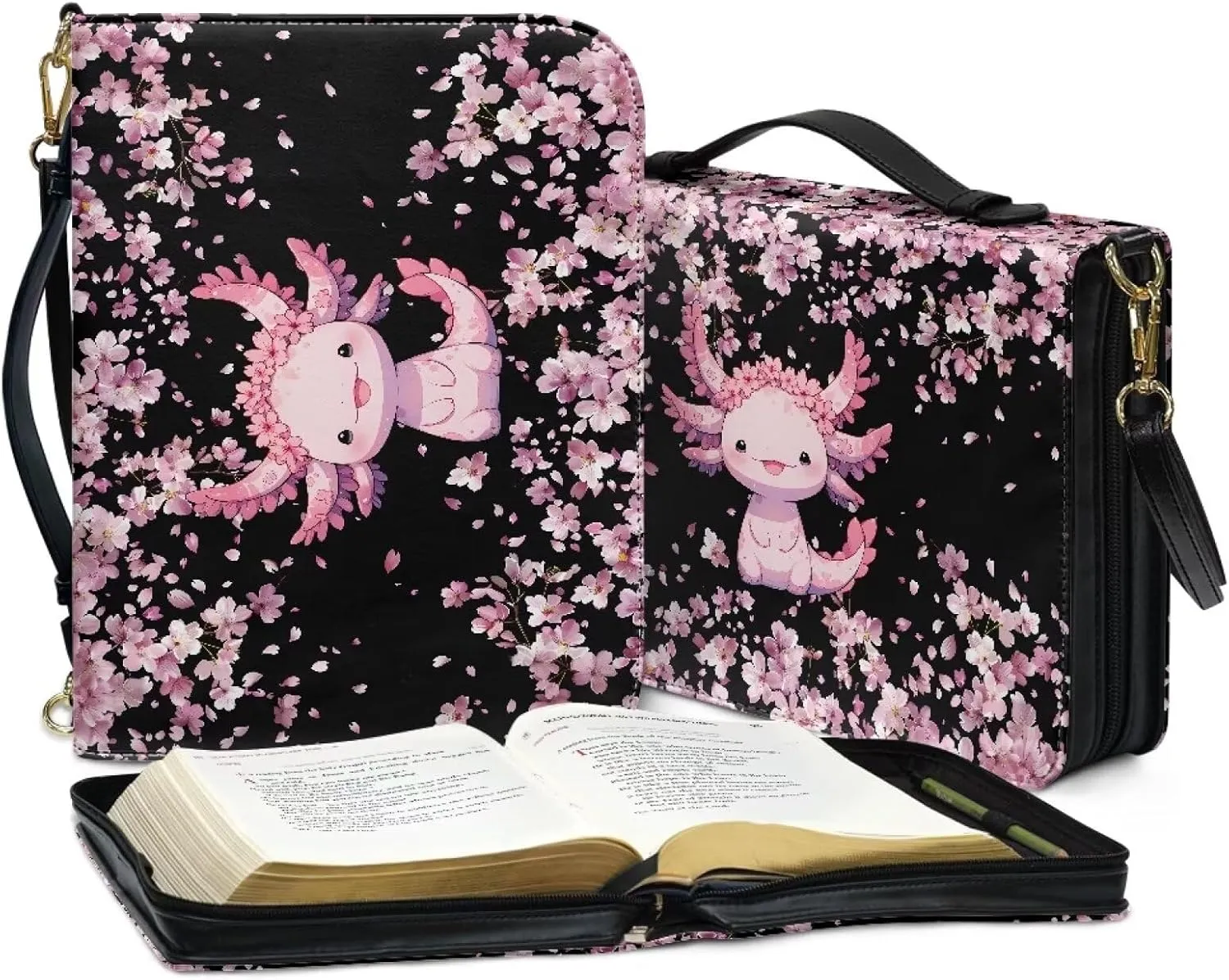 Suobstales Axolotl Cherry Blossom Print Faux Leather Bible Cover for Women Men, Bible Case Bible Carrying Case with Shoulder Strap, Multifunctional Bible Bag for Bible Study/Daily Use/Library, 2XL