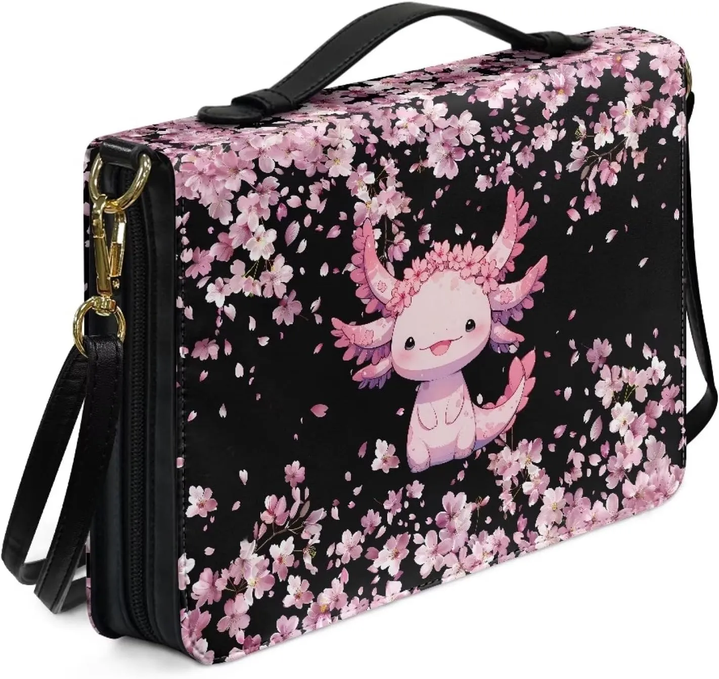 Suobstales Axolotl Cherry Blossom Print Faux Leather Bible Cover for Women Men, Bible Case Bible Carrying Case with Shoulder Strap, Multifunctional Bible Bag for Bible Study/Daily Use/Library, 2XL