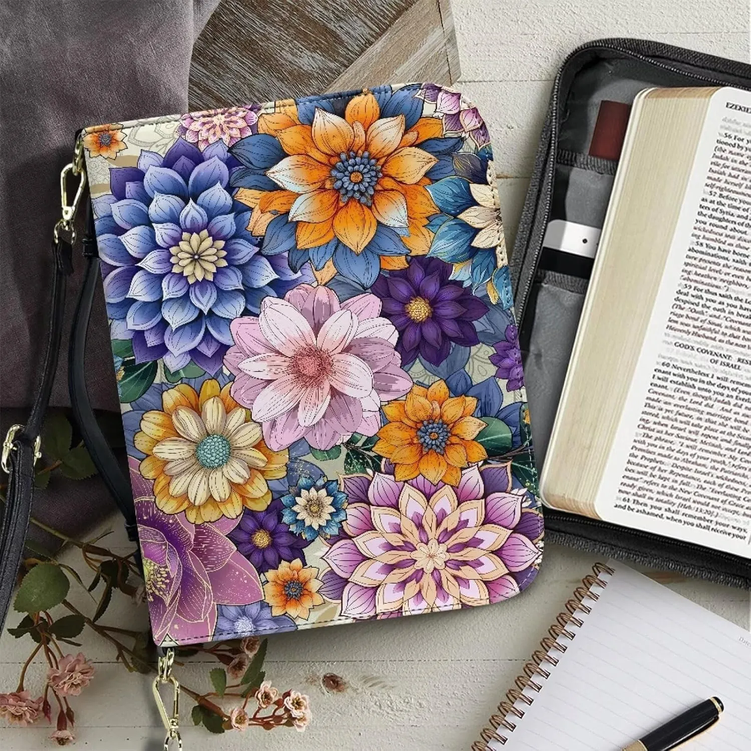 Suobstales Boho Mandala Flower Pattern Bible Cover for Women Men Protable Bible Case with Shoulder Strap PU Leather Scripture Bag Carrying Case Tote Bag for Christian Bible Study Organizer, 2XL