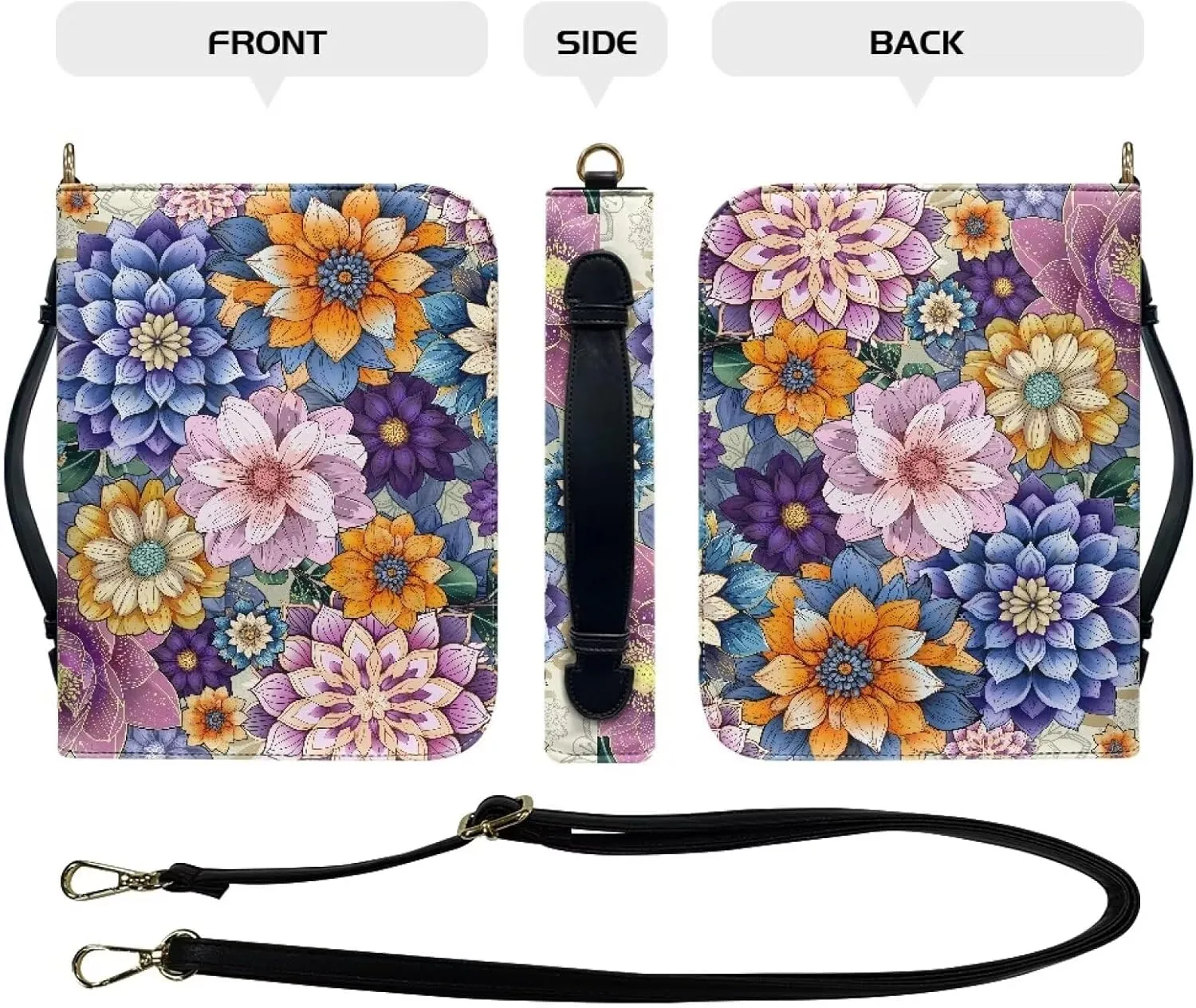 Suobstales Boho Mandala Flower Pattern Bible Cover for Women Men Protable Bible Case with Shoulder Strap PU Leather Scripture Bag Carrying Case Tote Bag for Christian Bible Study Organizer, 2XL