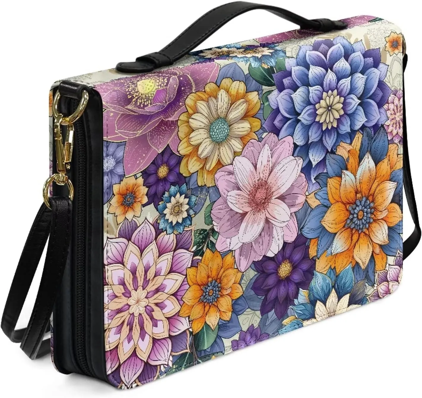 Suobstales Boho Mandala Flower Pattern Bible Cover for Women Men Protable Bible Case with Shoulder Strap PU Leather Scripture Bag Carrying Case Tote Bag for Christian Bible Study Organizer, 2XL