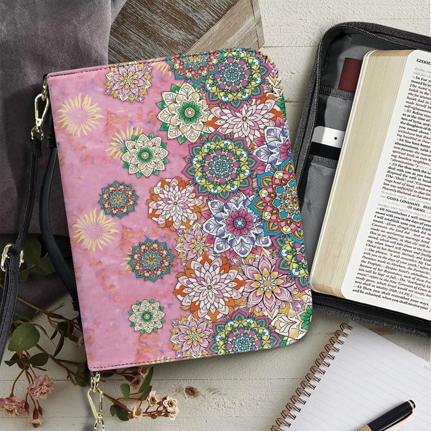 Suobstales Boho Mandala Print Faux Leather Bible Cover for Men Women, Christian Zipper Bible Case with Adjustable Shoulder Strap, Carrying Book Cover Study Bible Tote Bag with Handle, L