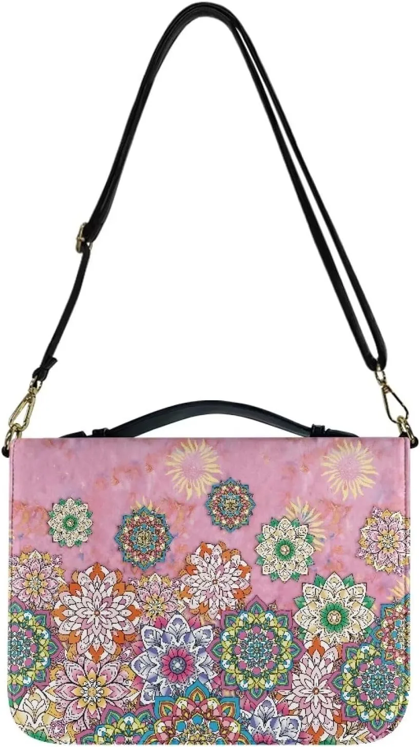 Suobstales Boho Mandala Print Faux Leather Bible Cover for Men Women, Christian Zipper Bible Case with Adjustable Shoulder Strap, Carrying Book Cover Study Bible Tote Bag with Handle, L