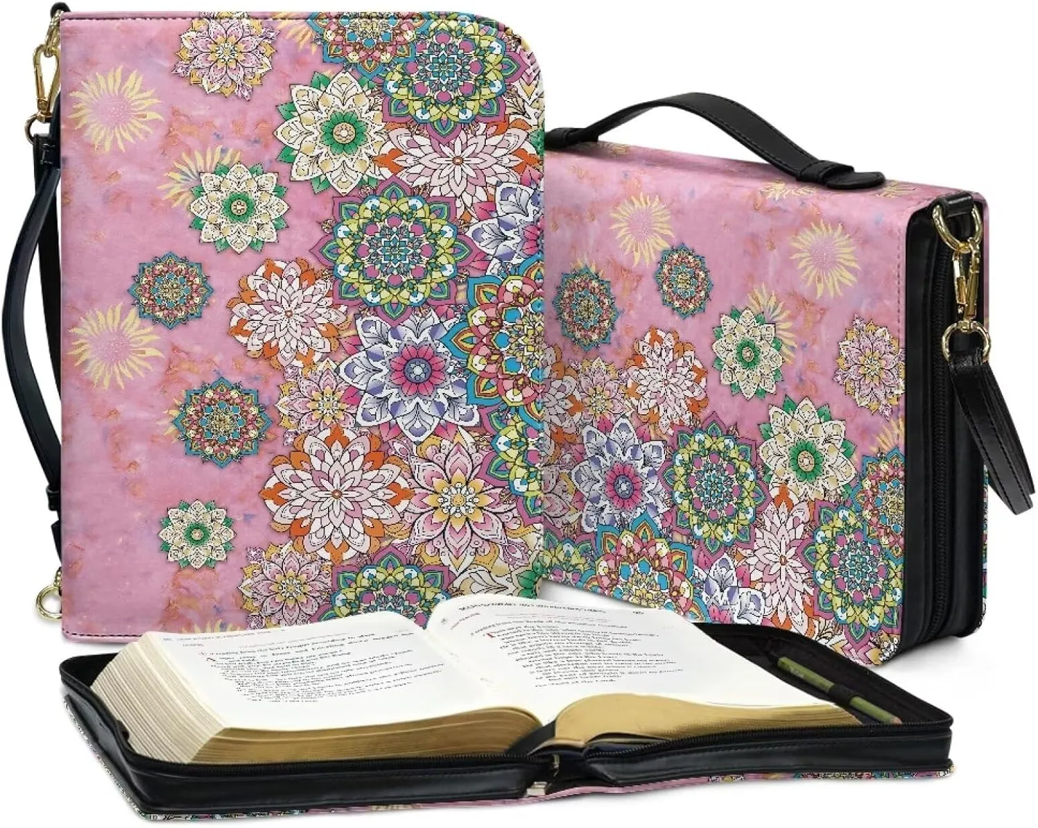 Suobstales Boho Mandala Print Faux Leather Bible Cover for Men Women, Christian Zipper Bible Case with Adjustable Shoulder Strap, Carrying Book Cover Study Bible Tote Bag with Handle, L