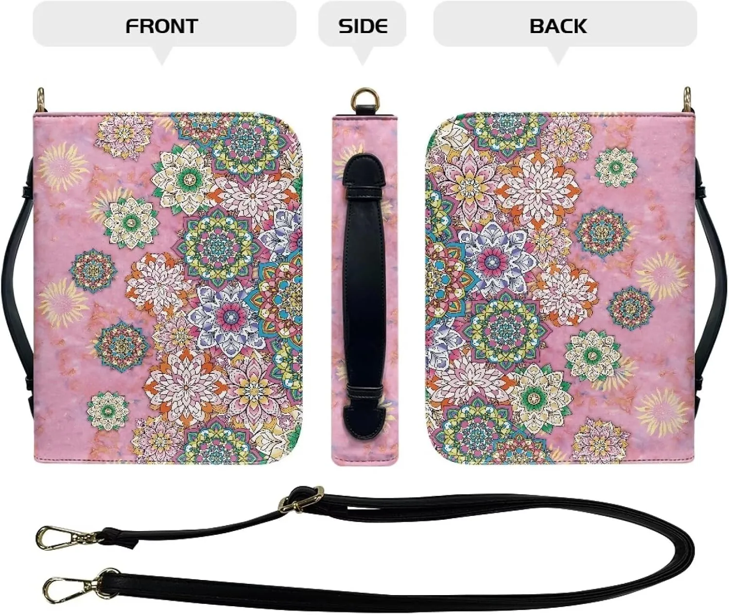 Suobstales Boho Mandala Print Faux Leather Bible Cover for Men Women, Christian Zipper Bible Case with Adjustable Shoulder Strap, Carrying Book Cover Study Bible Tote Bag with Handle, L