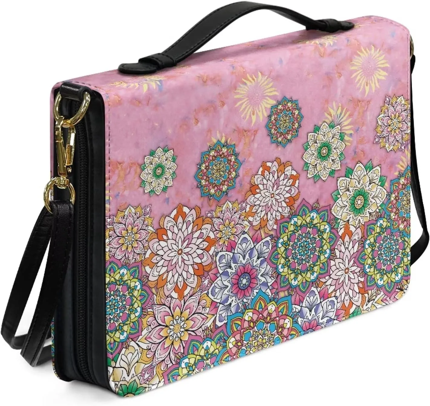 Suobstales Boho Mandala Print Faux Leather Bible Cover for Men Women, Christian Zipper Bible Case with Adjustable Shoulder Strap, Carrying Book Cover Study Bible Tote Bag with Handle, L