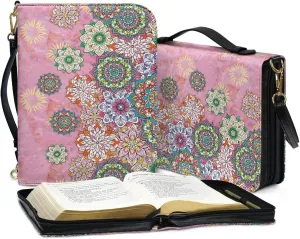 Suobstales Boho Mandala Print Faux Leather Bible Cover for Men Women, Christian Zipper Bible Case with Adjustable Shoulder Strap, Carrying Book Cover Study Bible Tote Bag with Handle, L