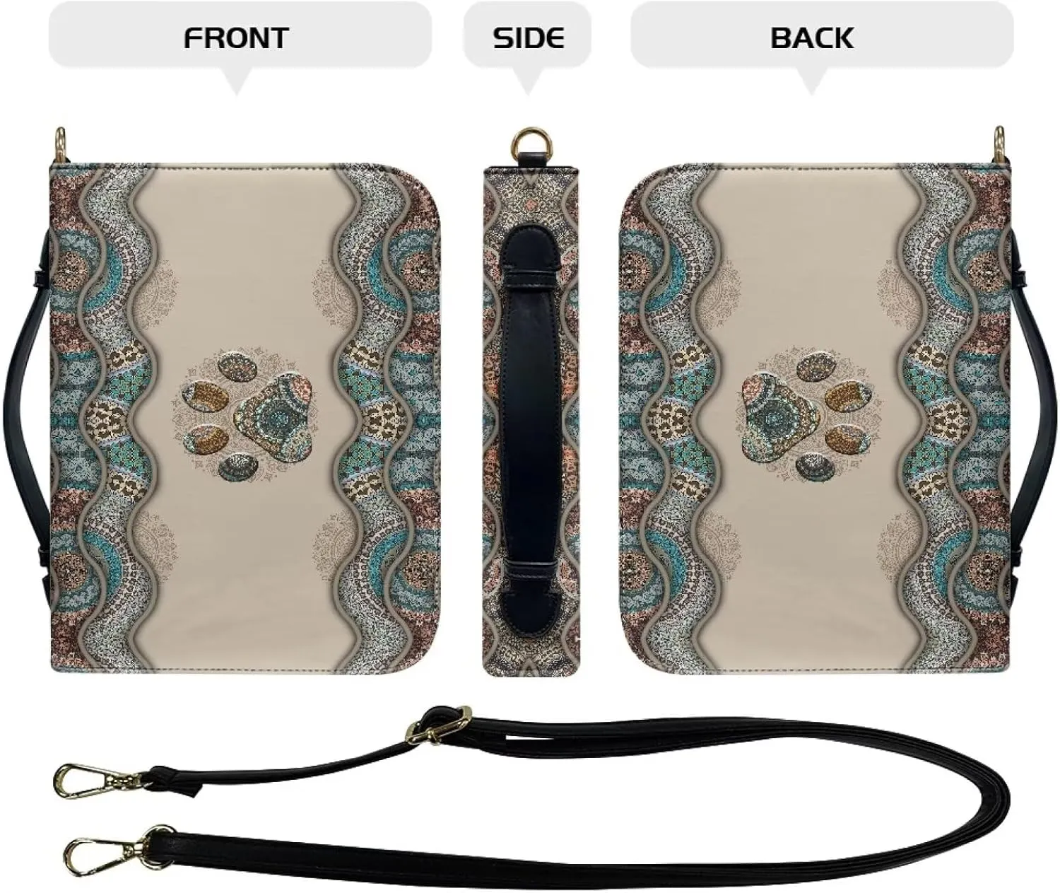 Suobstales Boho Paw Pattern Faux Leather Bible Cover for Men Women, Bible Case Bible Tote Bag Large Bible Carrying Case Bible Carrier with Shoulder Strap, Bible Gift for Book Lover, 2XL