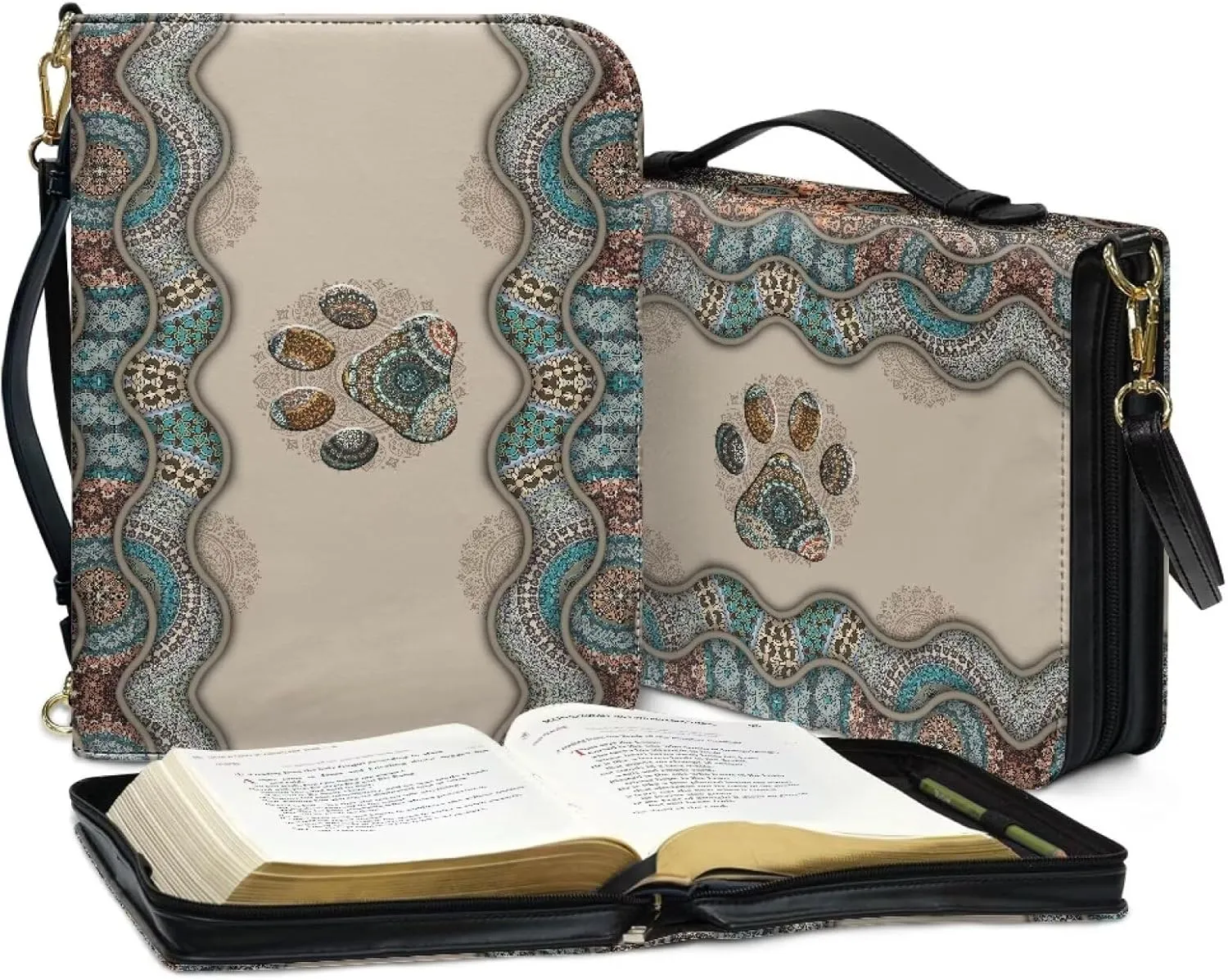 Suobstales Boho Paw Pattern Faux Leather Bible Cover for Men Women, Bible Case Bible Tote Bag Large Bible Carrying Case Bible Carrier with Shoulder Strap, Bible Gift for Book Lover, 2XL