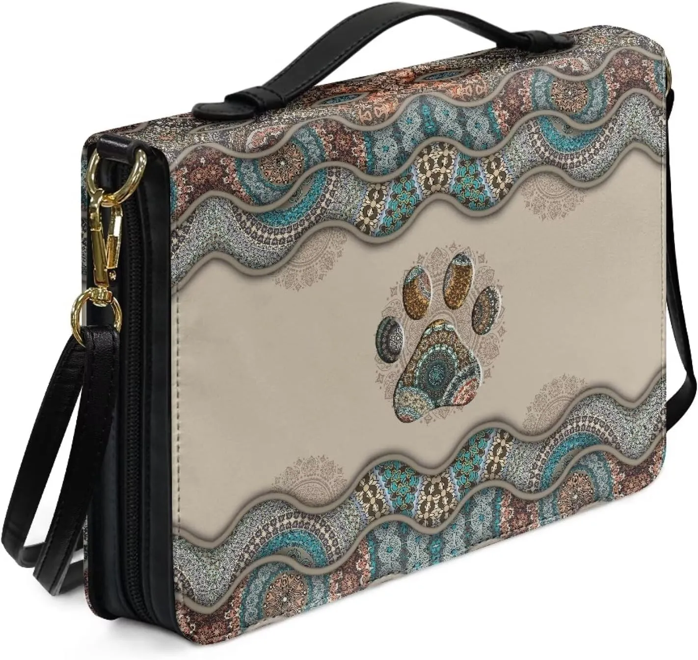 Suobstales Boho Paw Pattern Faux Leather Bible Cover for Men Women, Bible Case Bible Tote Bag Large Bible Carrying Case Bible Carrier with Shoulder Strap, Bible Gift for Book Lover, 2XL