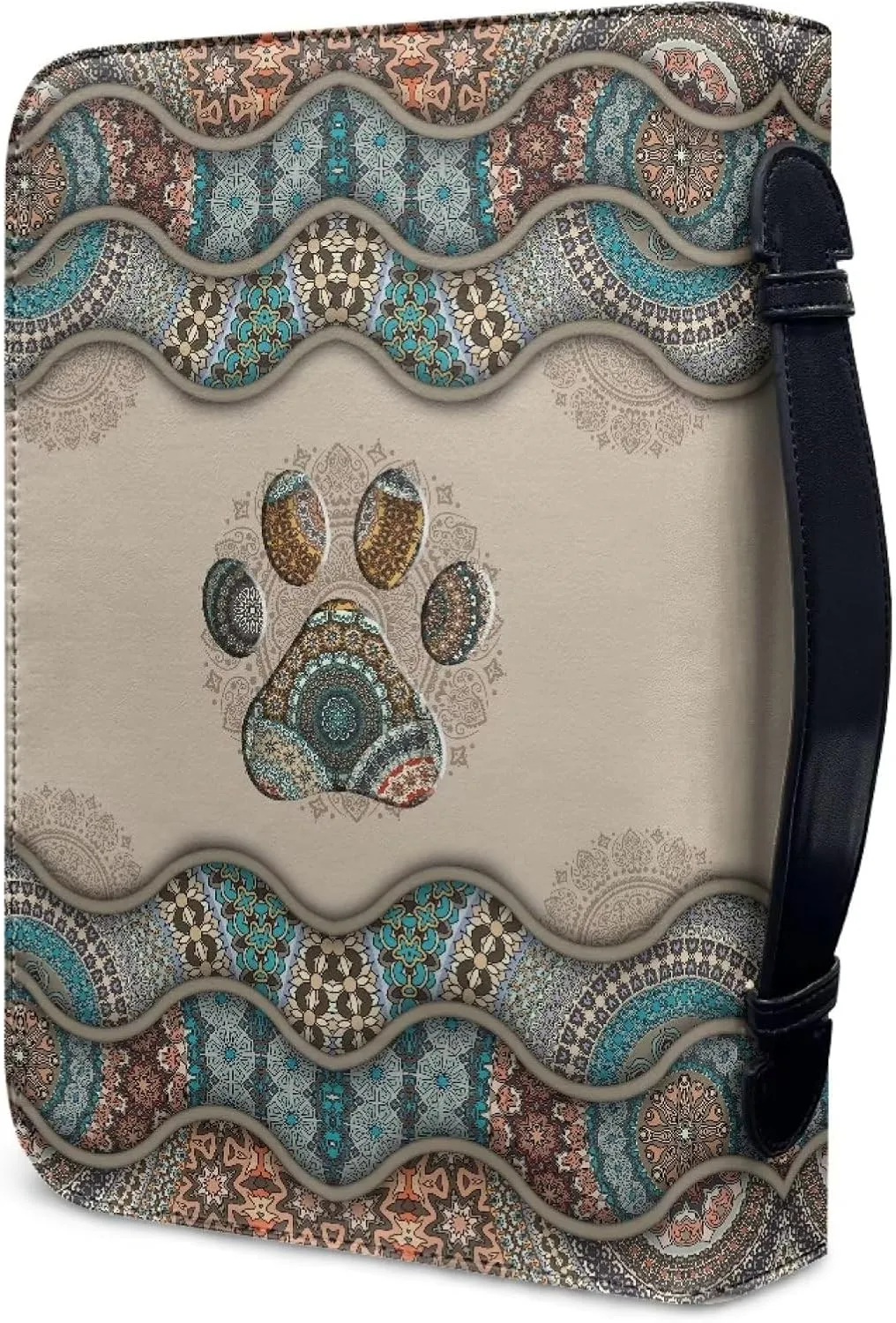 Suobstales Boho Paw Print Bible Cover Carrying Pu Leather Book Case Church Bag Bible Protective with Handle and Zipper Pocket Gifts for Men Women, XL