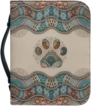 Suobstales Boho Paw Print Bible Cover Carrying Pu Leather Book Case Church Bag Bible Protective with Handle and Zipper Pocket Gifts for Men Women, XL