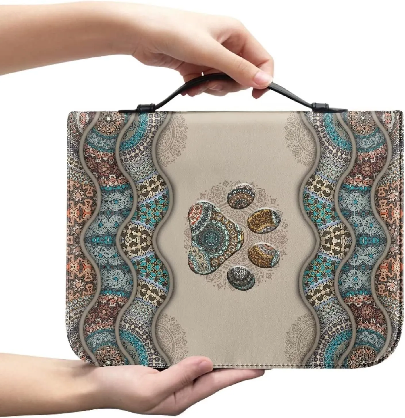 Suobstales Boho Paw Print Bible Cover Carrying Pu Leather Book Case Church Bag Bible Protective with Handle and Zipper Pocket Gifts for Men Women, XL