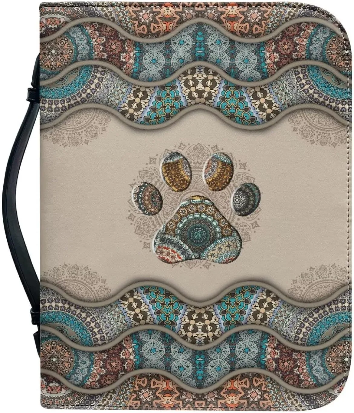 Suobstales Boho Paw Print Bible Cover Carrying Pu Leather Book Case Church Bag Bible Protective with Handle and Zipper Pocket Gifts for Men Women, XL