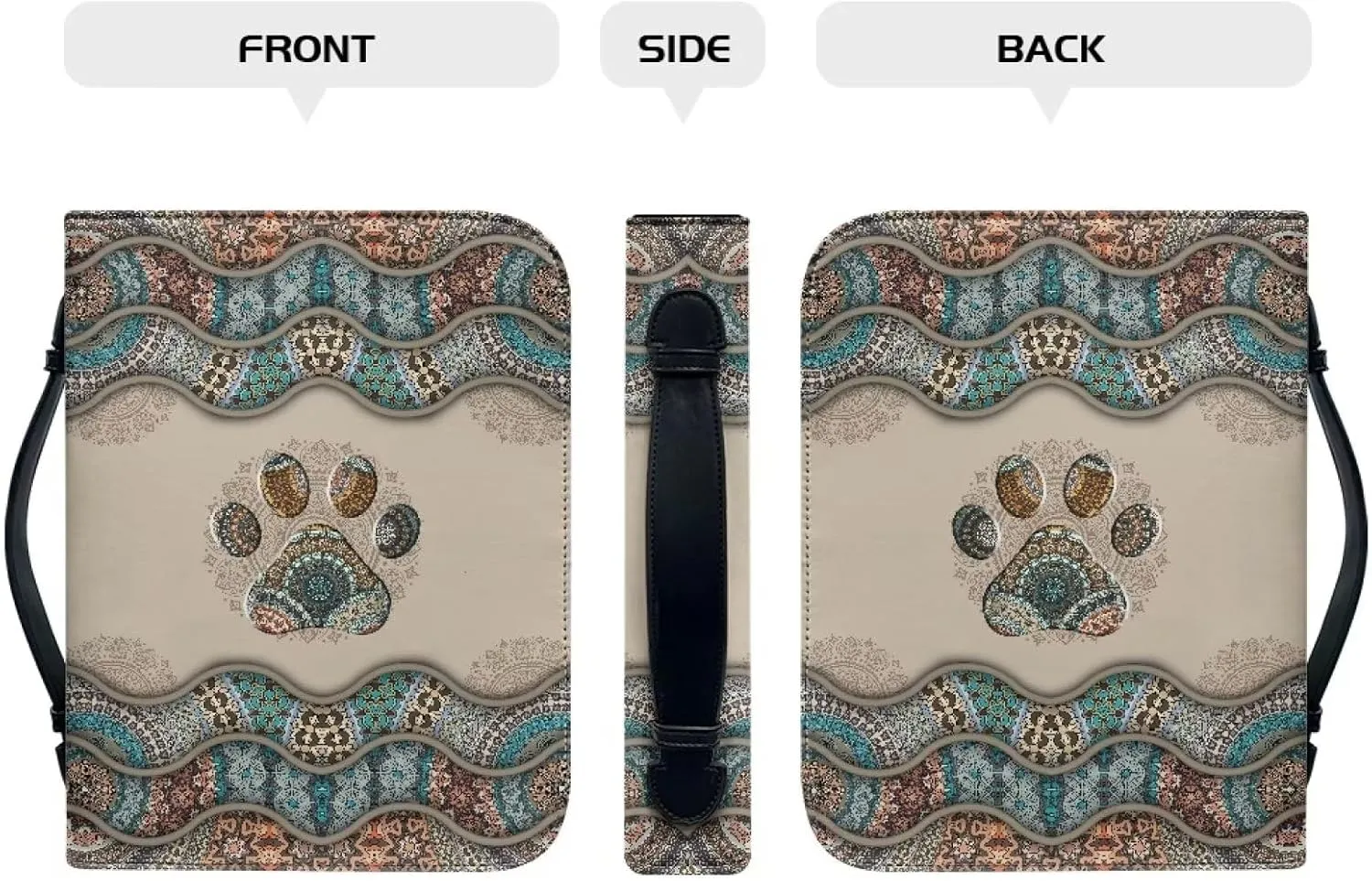 Suobstales Boho Paw Print Bible Cover Carrying Pu Leather Book Case Church Bag Bible Protective with Handle and Zipper Pocket Gifts for Men Women, XL