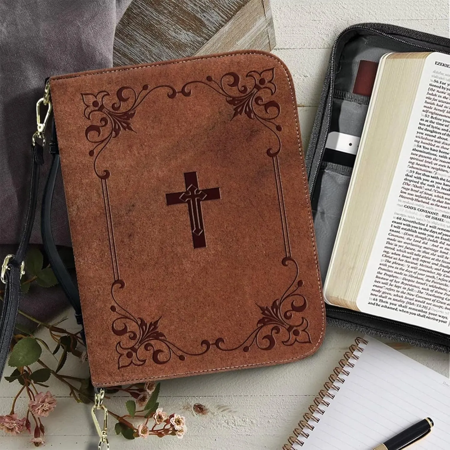 Suobstales Brown Cross Floral Pattern Bible Cover Book Cover for Women Men PU Leather Bible Case Bible Protective with Shoulder Strap, Waterproof Bible Tote Bag Handbag Bible Accessories, 2XL