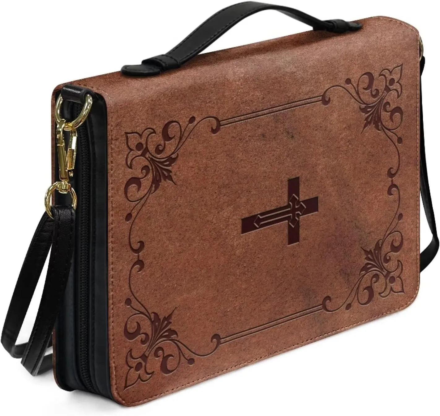 Suobstales Brown Cross Floral Pattern Bible Cover Book Cover for Women Men PU Leather Bible Case Bible Protective with Shoulder Strap, Waterproof Bible Tote Bag Handbag Bible Accessories, 2XL