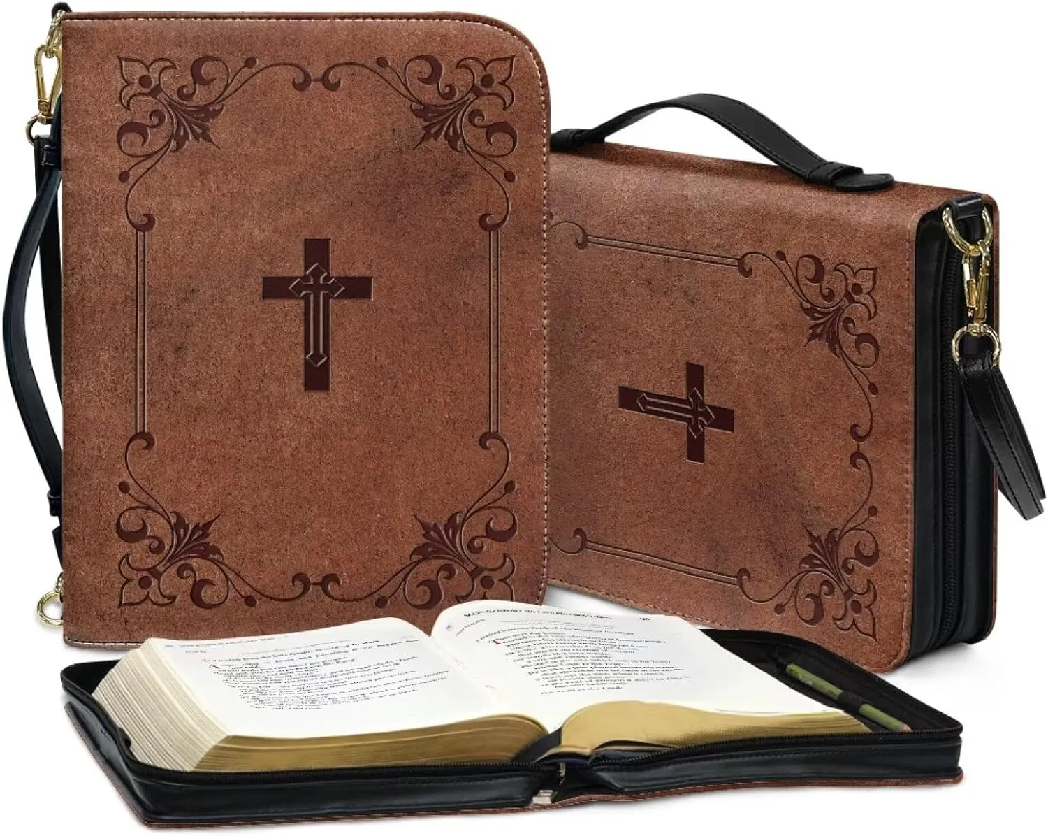 Suobstales Brown Cross Floral Pattern Bible Cover Book Cover for Women Men PU Leather Bible Case Bible Protective with Shoulder Strap, Waterproof Bible Tote Bag Handbag Bible Accessories, 2XL