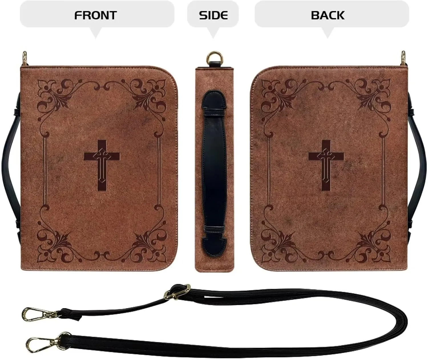 Suobstales Brown Cross Floral Pattern Bible Cover Book Cover for Women Men PU Leather Bible Case Bible Protective with Shoulder Strap, Waterproof Bible Tote Bag Handbag Bible Accessories, 2XL
