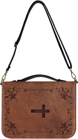 Suobstales Brown Cross Floral Pattern Bible Cover Book Cover for Women Men PU Leather Bible Case Bible Protective with Shoulder Strap, Waterproof Bible Tote Bag Handbag Bible Accessories, 2XL