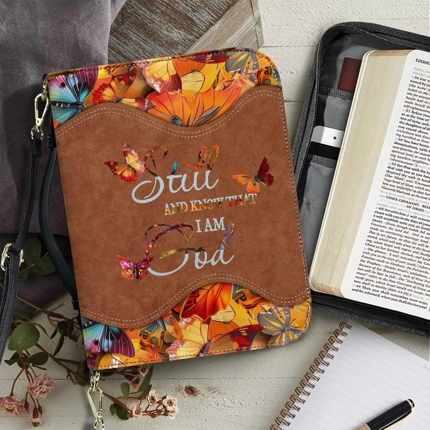 Suobstales Butterfly Cross Print Bible Cover with Shoulder Strap and Handle, I am God PU Leather Bible Carrying Case for Women Men Kids Teens, Portable Bible Tote Bag Bible Book Cover, 2XL