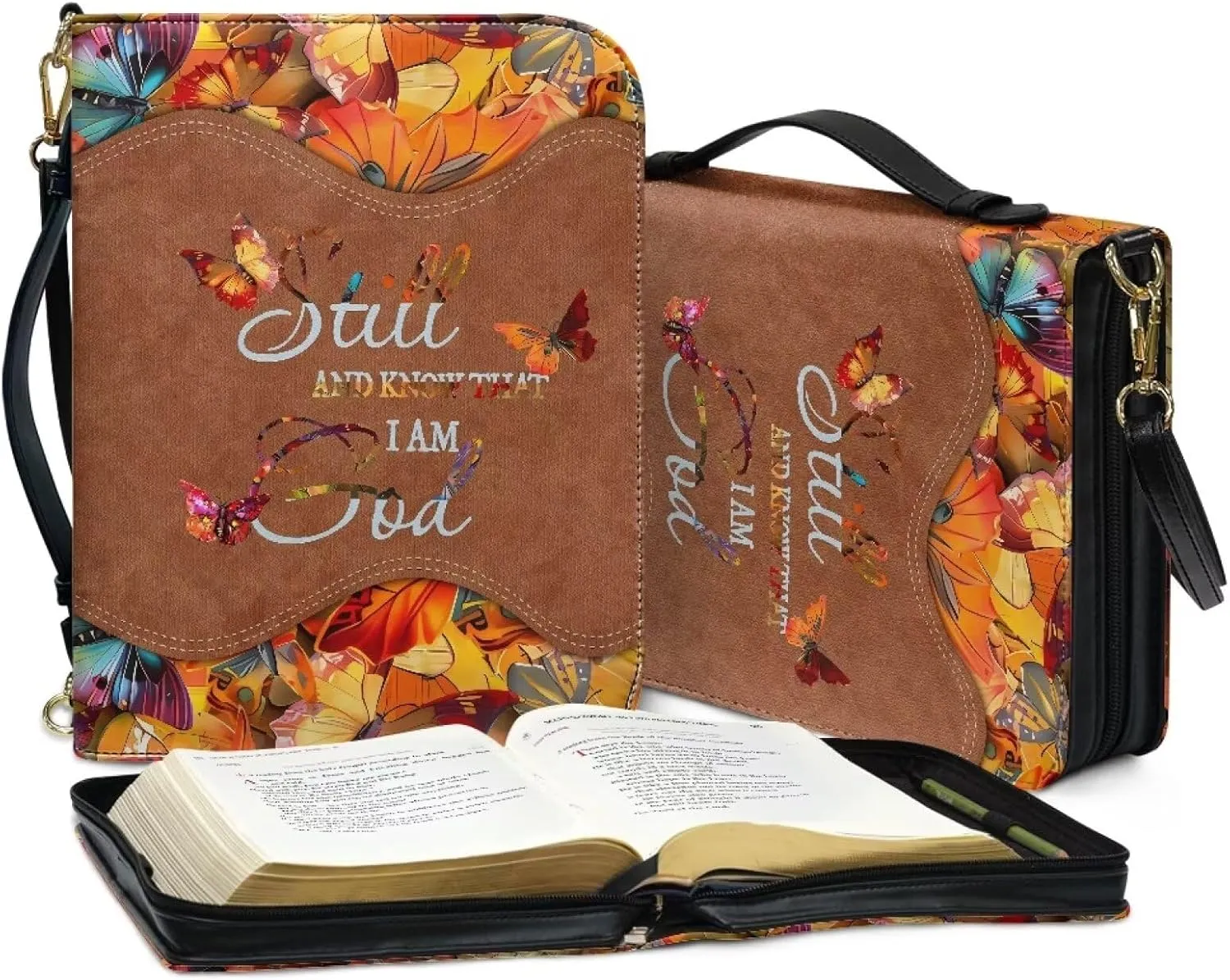 Suobstales Butterfly Cross Print Bible Cover with Shoulder Strap and Handle, I am God PU Leather Bible Carrying Case for Women Men Kids Teens, Portable Bible Tote Bag Bible Book Cover, 2XL