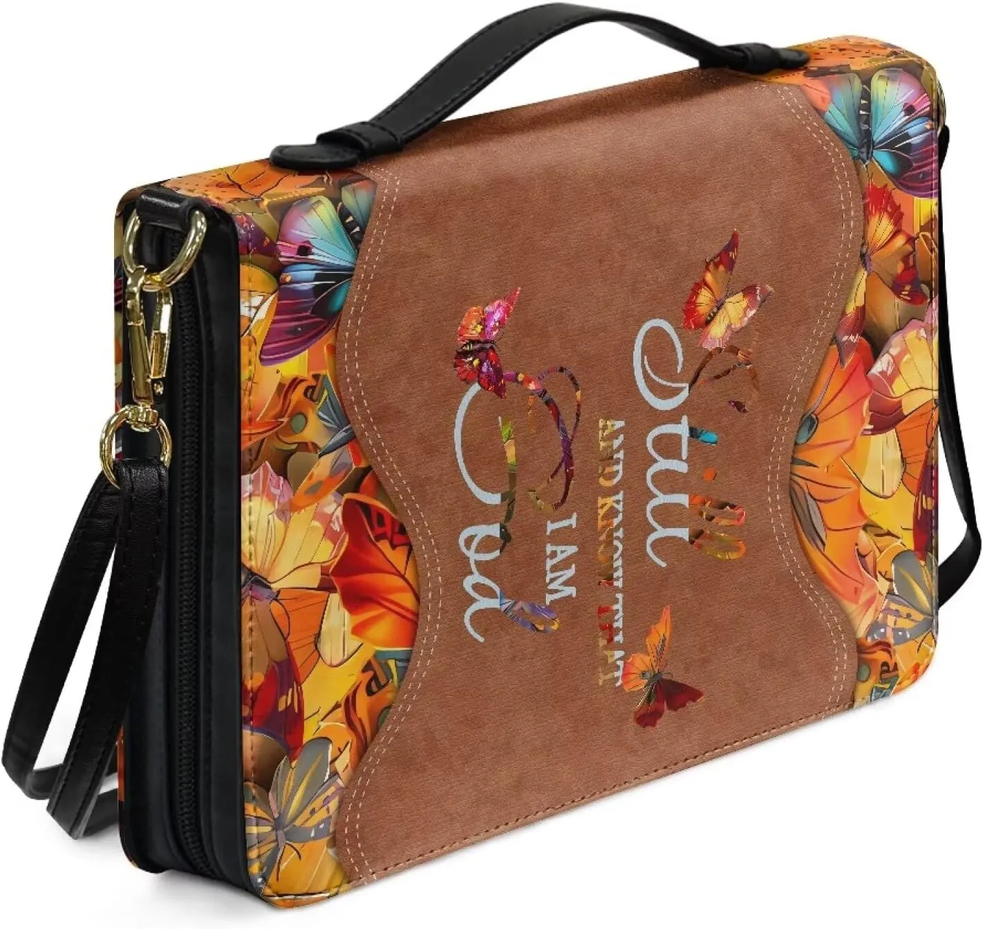 Suobstales Butterfly Cross Print Bible Cover with Shoulder Strap and Handle, I am God PU Leather Bible Carrying Case for Women Men Kids Teens, Portable Bible Tote Bag Bible Book Cover, 2XL