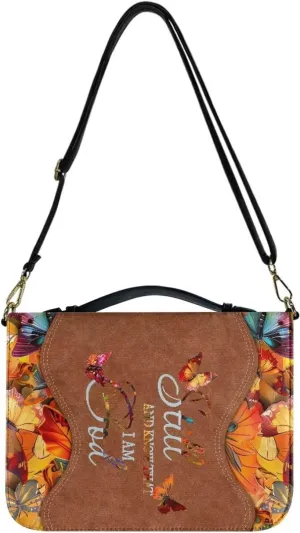 Suobstales Butterfly Cross Print Bible Cover with Shoulder Strap and Handle, I am God PU Leather Bible Carrying Case for Women Men Kids Teens, Portable Bible Tote Bag Bible Book Cover, 2XL