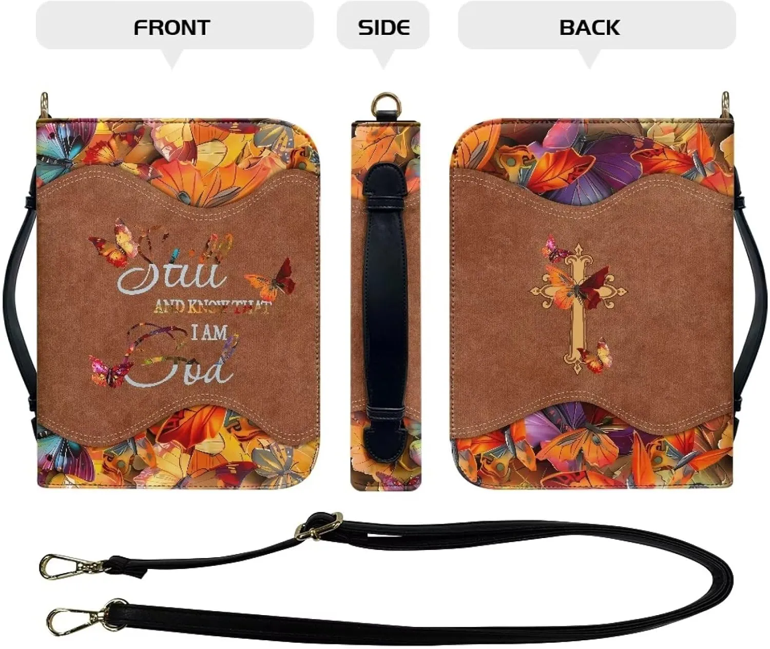 Suobstales Butterfly Cross Print Bible Cover with Shoulder Strap and Handle, I am God PU Leather Bible Carrying Case for Women Men Kids Teens, Portable Bible Tote Bag Bible Book Cover, 2XL