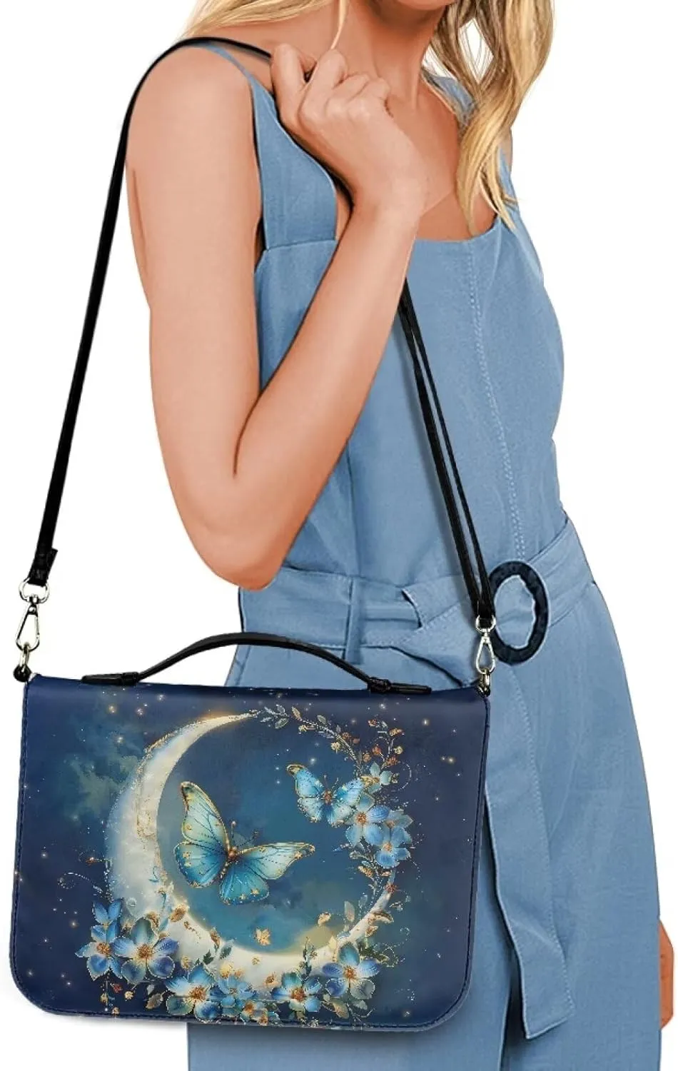 Suobstales Butterfly Flower Moon Print Bible Case for Women Men Lightweight Bible Cover with Shoulder Strap PU Leather Bible Tote Bag Church, Portable Scripture Bag for Bible Study Supplies, XL