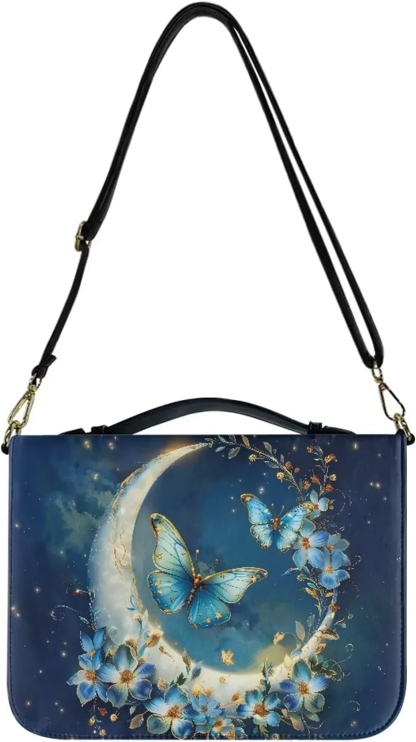 Suobstales Butterfly Flower Moon Print Bible Case for Women Men Lightweight Bible Cover with Shoulder Strap PU Leather Bible Tote Bag Church, Portable Scripture Bag for Bible Study Supplies, XL