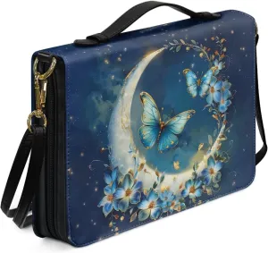 Suobstales Butterfly Flower Moon Print Bible Case for Women Men Lightweight Bible Cover with Shoulder Strap PU Leather Bible Tote Bag Church, Portable Scripture Bag for Bible Study Supplies, XL