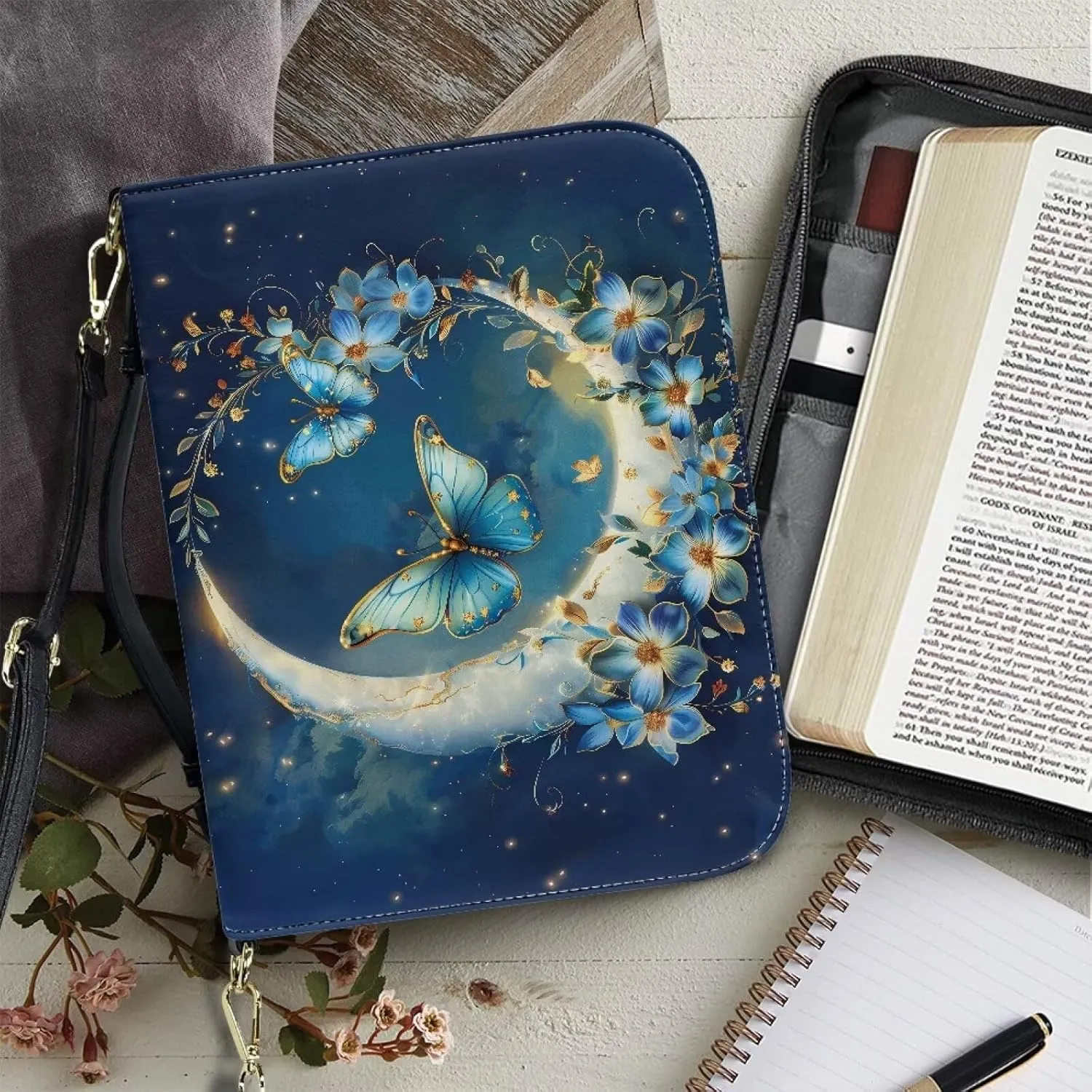 Suobstales Butterfly Flower Moon Print Bible Case for Women Men Lightweight Bible Cover with Shoulder Strap PU Leather Bible Tote Bag Church, Portable Scripture Bag for Bible Study Supplies, XL
