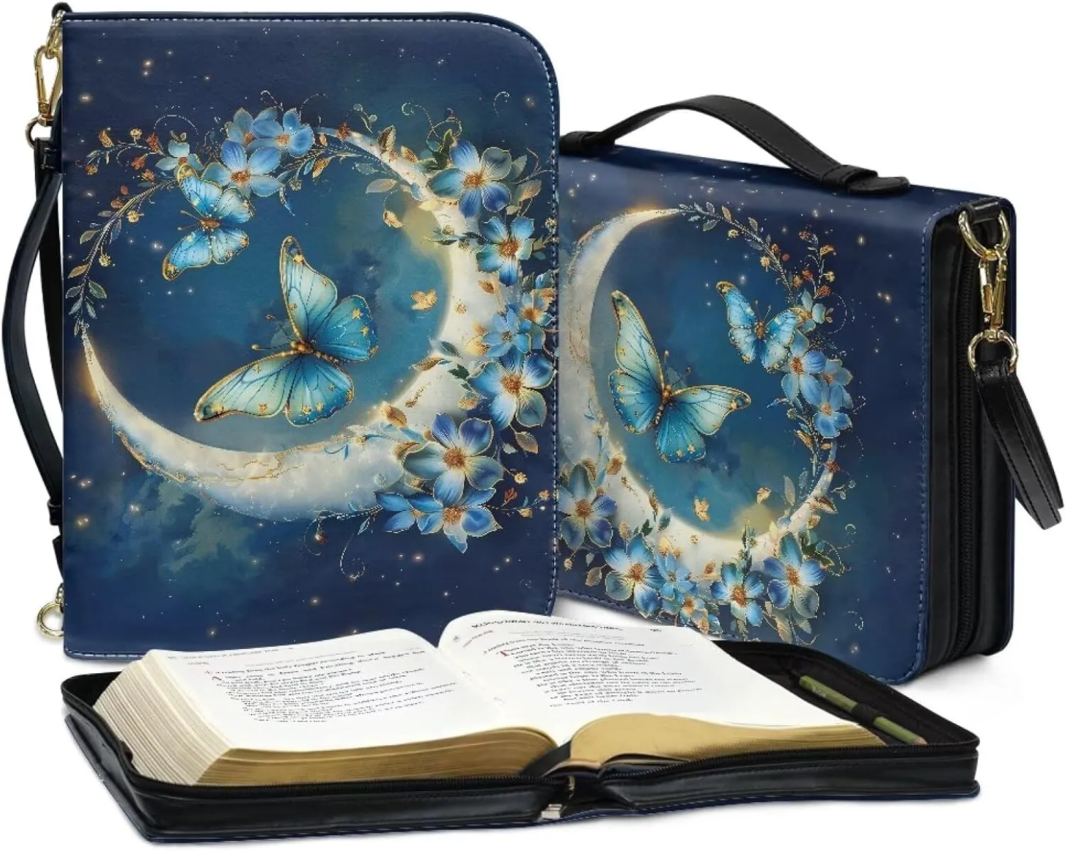 Suobstales Butterfly Flower Moon Print Bible Case for Women Men Lightweight Bible Cover with Shoulder Strap PU Leather Bible Tote Bag Church, Portable Scripture Bag for Bible Study Supplies, XL