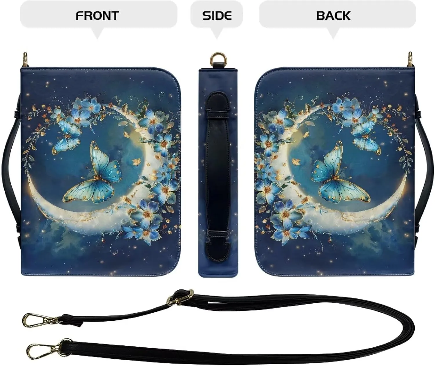 Suobstales Butterfly Flower Moon Print Bible Case for Women Men Lightweight Bible Cover with Shoulder Strap PU Leather Bible Tote Bag Church, Portable Scripture Bag for Bible Study Supplies, XL
