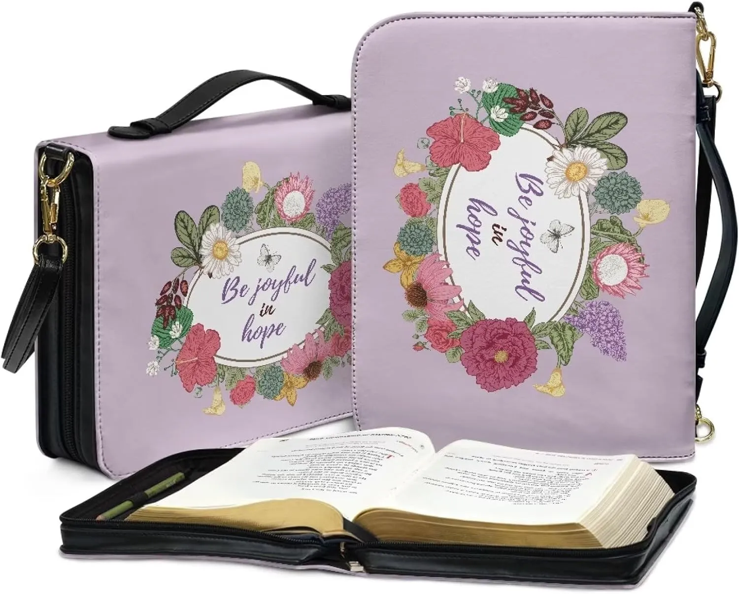 Suobstales Butterfly Flower Print Faux Leather Bible Cover for Men Women, Be Joyful in Hope Bible Case Bible Tote Bag Large Bible Carrying Case Bible Carrier with Shoulder Strap, M
