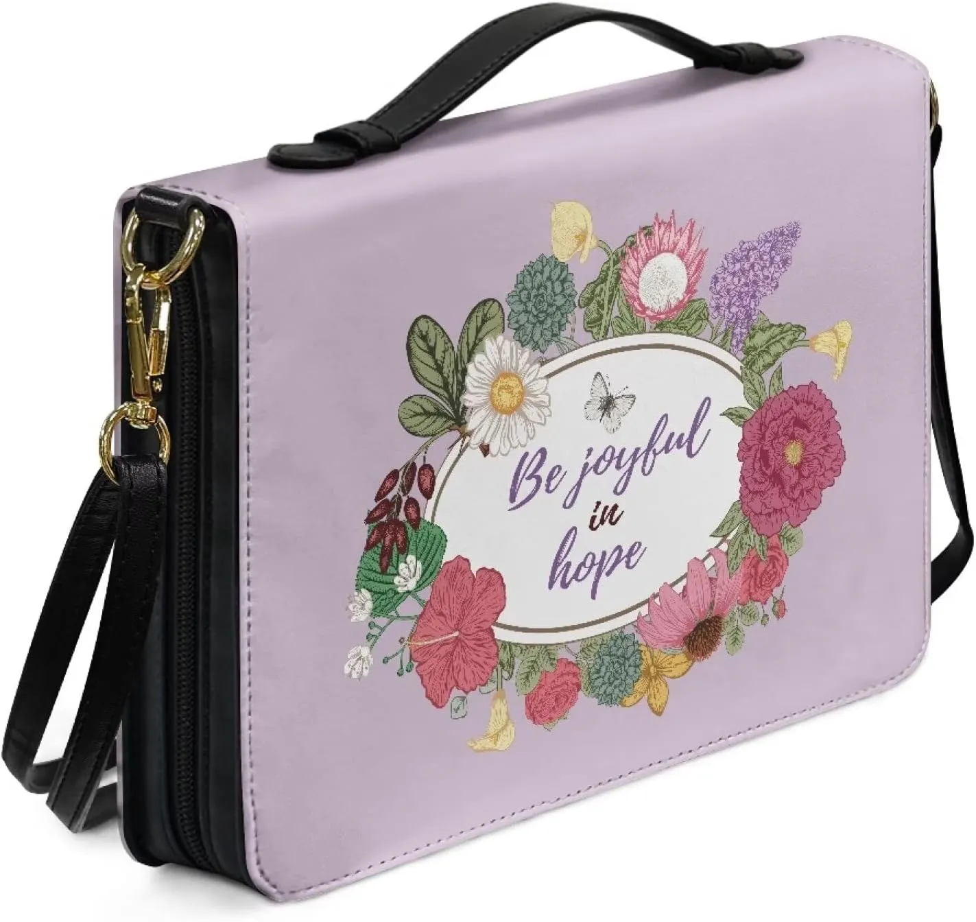 Suobstales Butterfly Flower Print Faux Leather Bible Cover for Men Women, Be Joyful in Hope Bible Case Bible Tote Bag Large Bible Carrying Case Bible Carrier with Shoulder Strap, M
