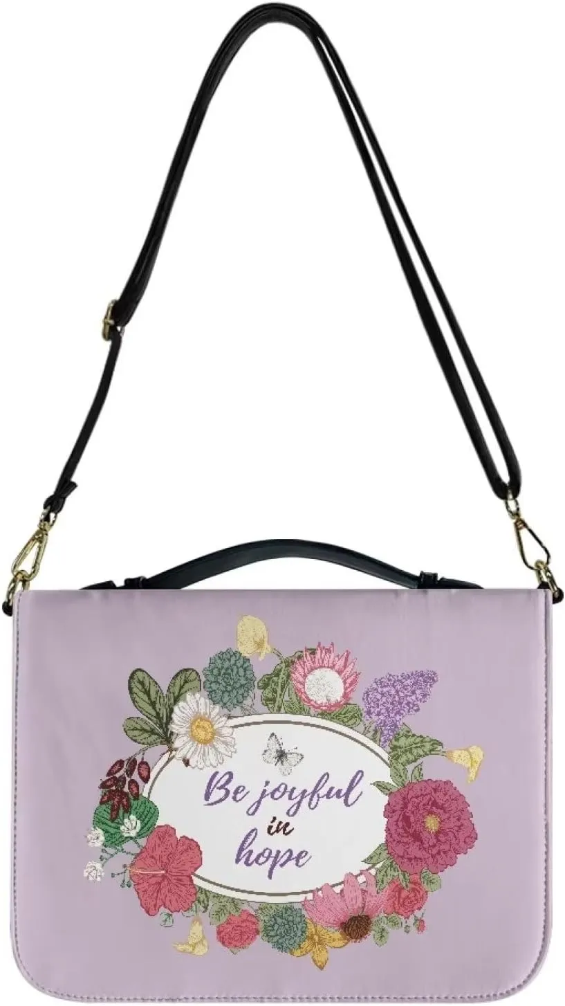 Suobstales Butterfly Flower Print Faux Leather Bible Cover for Men Women, Be Joyful in Hope Bible Case Bible Tote Bag Large Bible Carrying Case Bible Carrier with Shoulder Strap, M