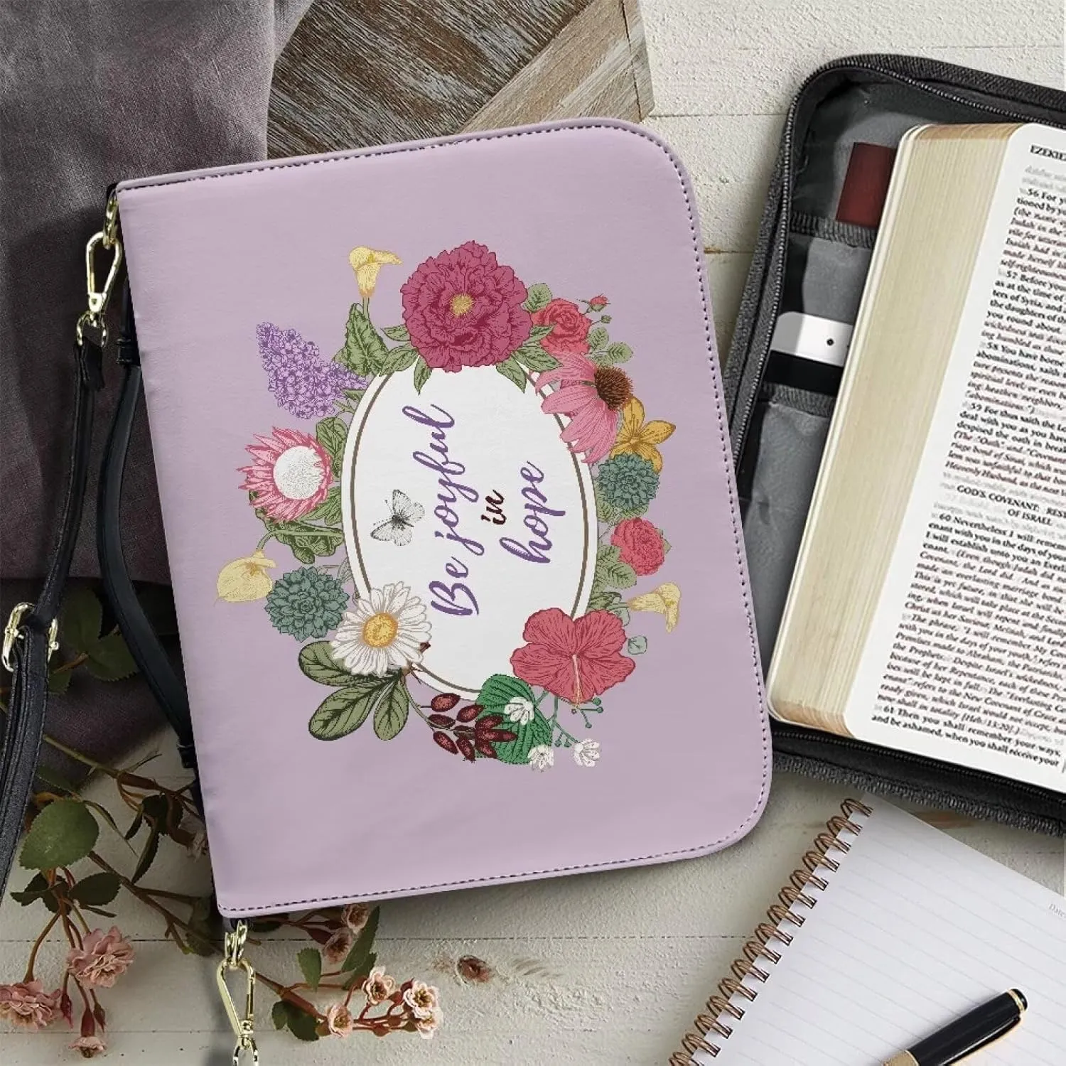 Suobstales Butterfly Flower Print Faux Leather Bible Cover for Men Women, Be Joyful in Hope Bible Case Bible Tote Bag Large Bible Carrying Case Bible Carrier with Shoulder Strap, M
