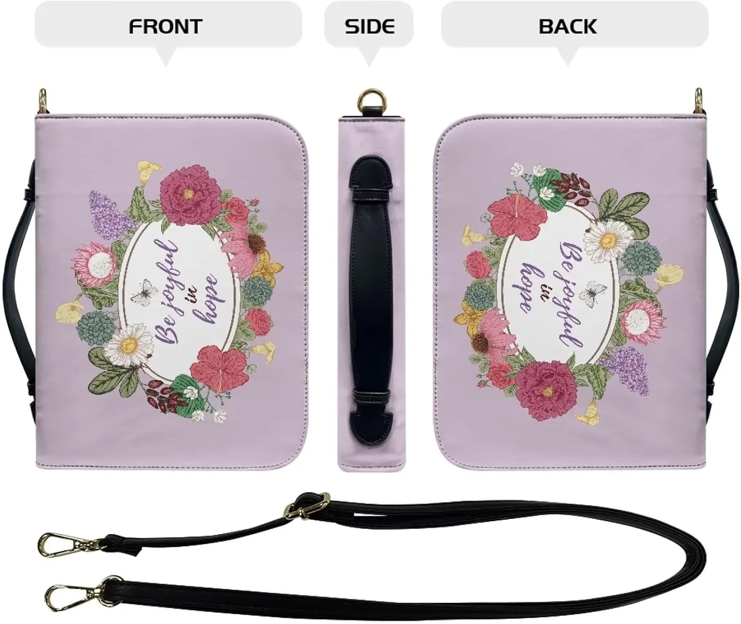 Suobstales Butterfly Flower Print Faux Leather Bible Cover for Men Women, Be Joyful in Hope Bible Case Bible Tote Bag Large Bible Carrying Case Bible Carrier with Shoulder Strap, M