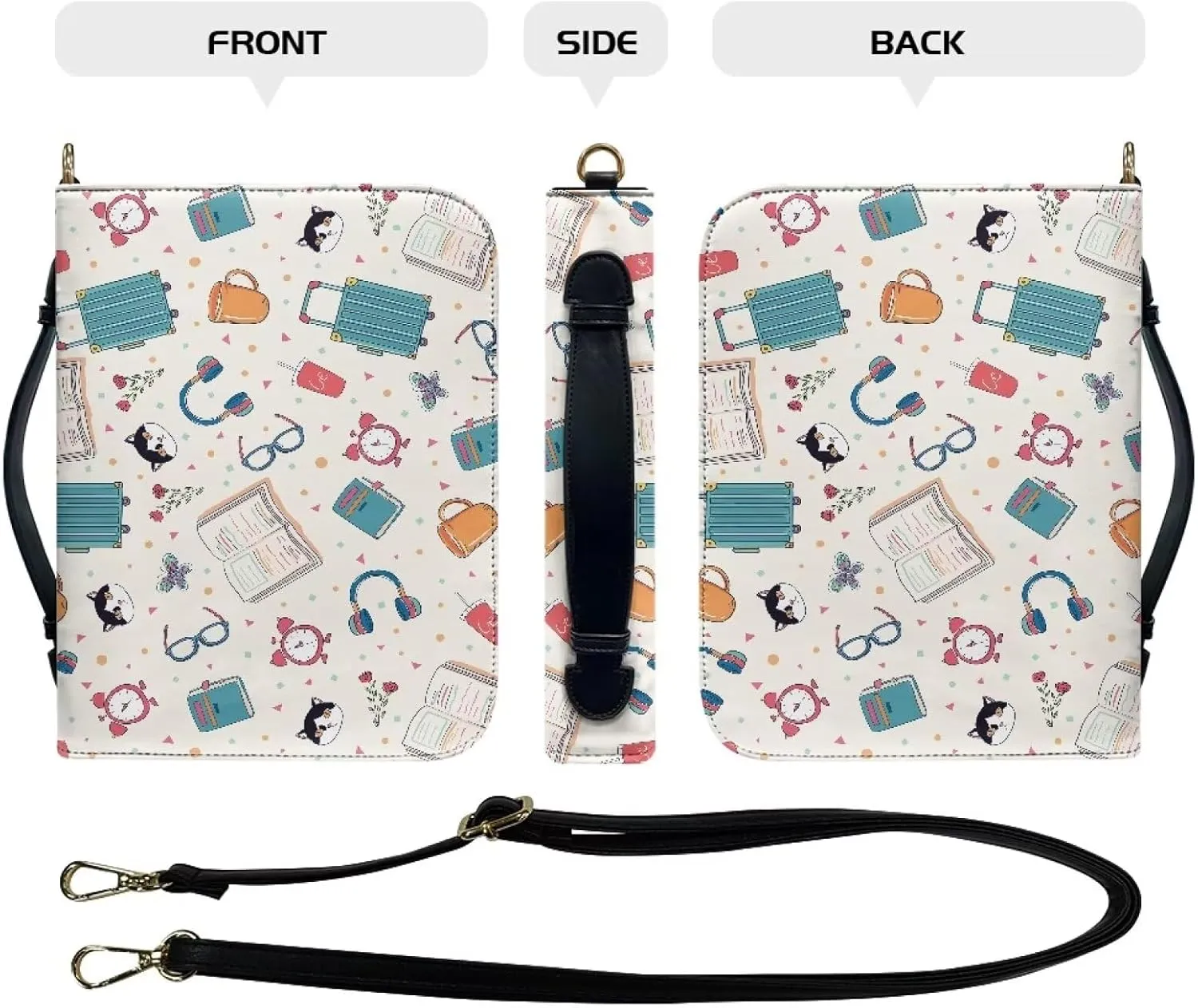 Suobstales Cat Book Clock Print Bible Cover with Handle, PU Leather Bible Case with Shoulder Strap, Lightweight Bible Tote Bag Bible Protective Bible Carrier for Mother Father Men Women, XL