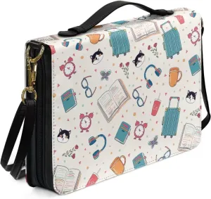 Suobstales Cat Book Clock Print Bible Cover with Handle, PU Leather Bible Case with Shoulder Strap, Lightweight Bible Tote Bag Bible Protective Bible Carrier for Mother Father Men Women, XL