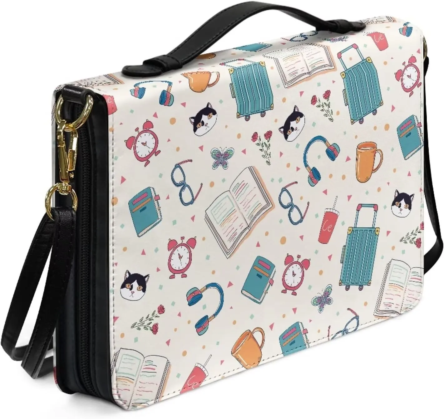 Suobstales Cat Book Clock Print Bible Cover with Handle, PU Leather Bible Case with Shoulder Strap, Lightweight Bible Tote Bag Bible Protective Bible Carrier for Mother Father Men Women, XL