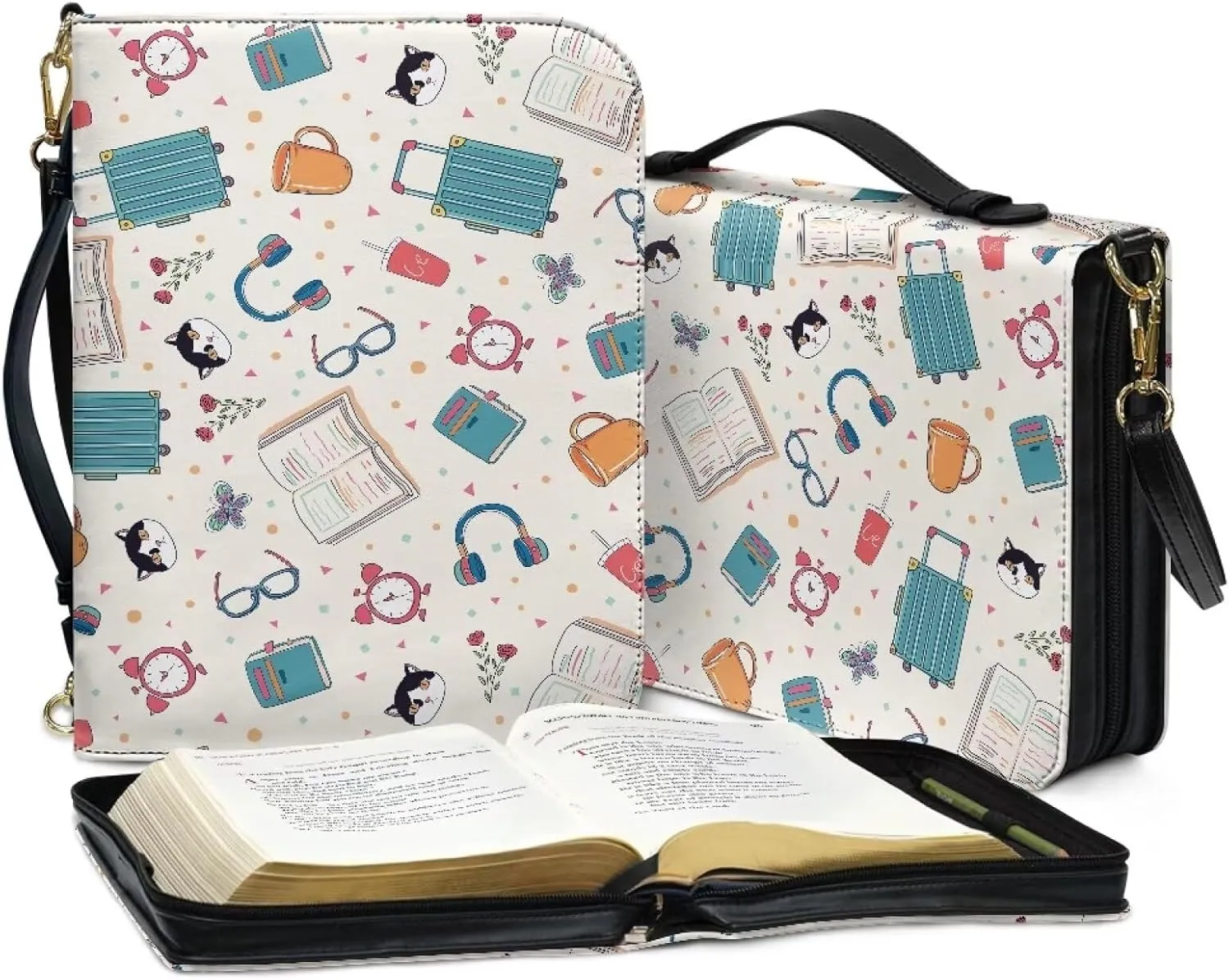 Suobstales Cat Book Clock Print Bible Cover with Handle, PU Leather Bible Case with Shoulder Strap, Lightweight Bible Tote Bag Bible Protective Bible Carrier for Mother Father Men Women, XL