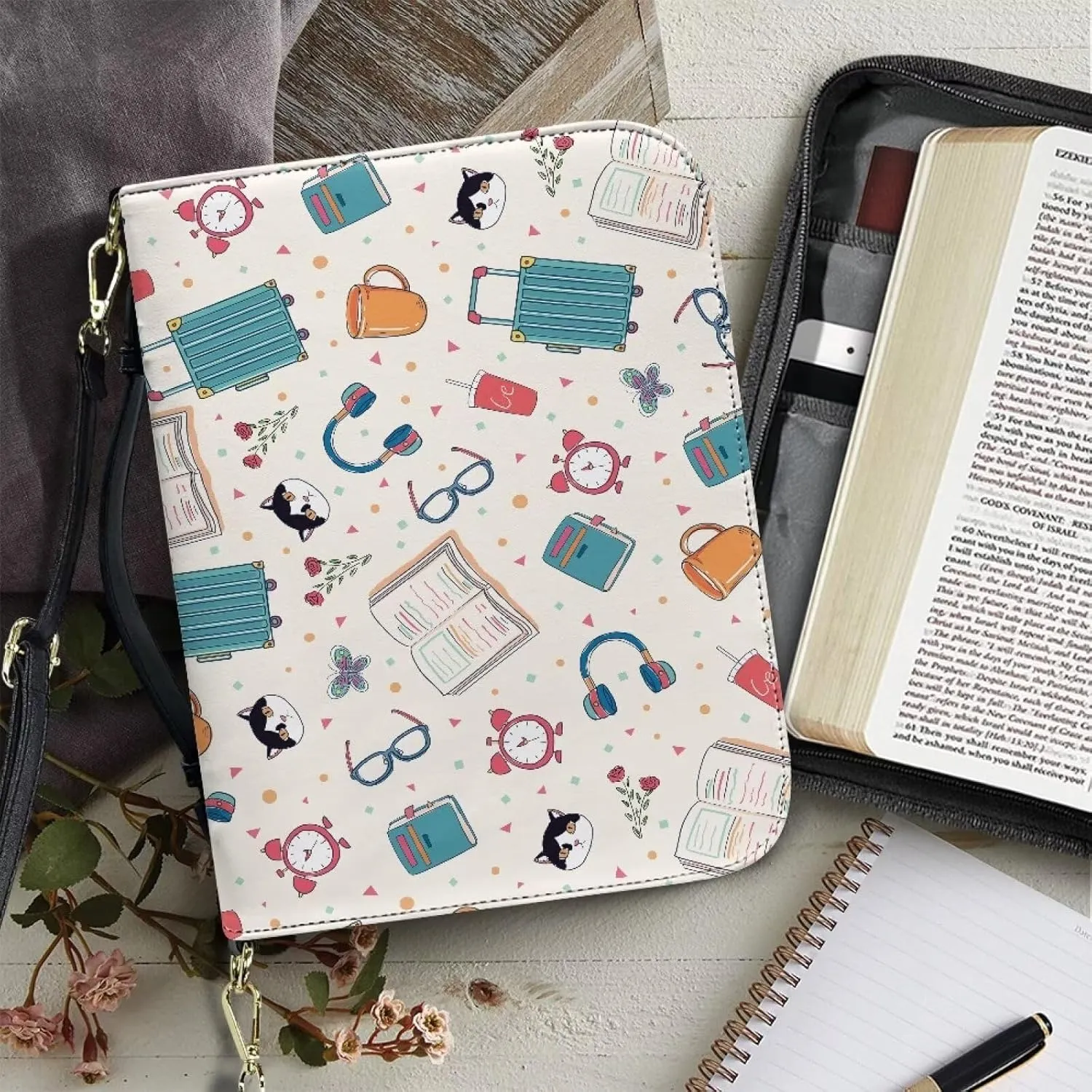 Suobstales Cat Book Clock Print Bible Cover with Handle, PU Leather Bible Case with Shoulder Strap, Lightweight Bible Tote Bag Bible Protective Bible Carrier for Mother Father Men Women, XL