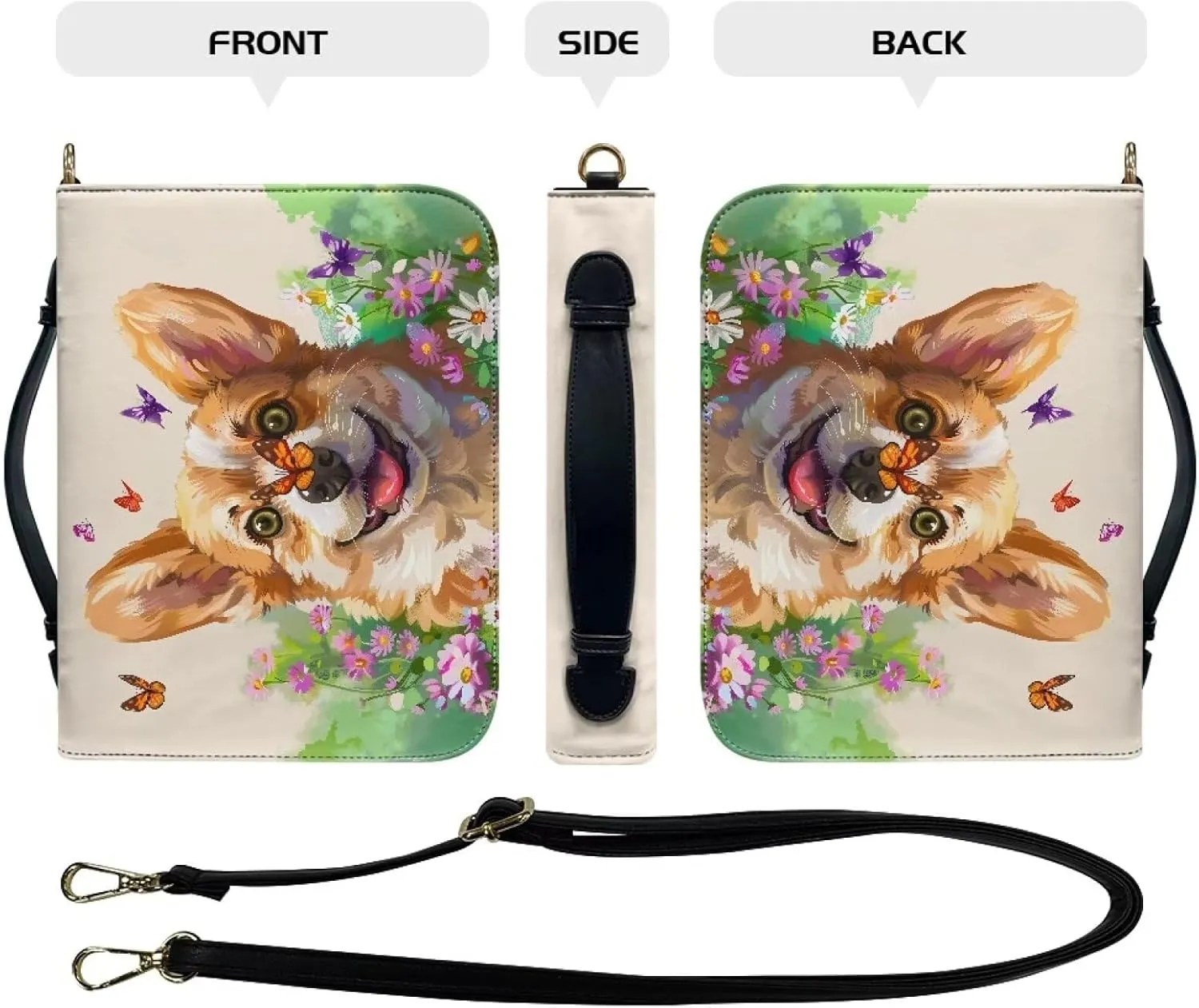 Suobstales Corgi Dog Butterfly Daisy Print Bible Cover Book Cover for Women Men PU Leather Bible Case Bible Protective with Shoulder Strap, Waterproof Bible Tote Bag Handbag Bible Accessories, XL
