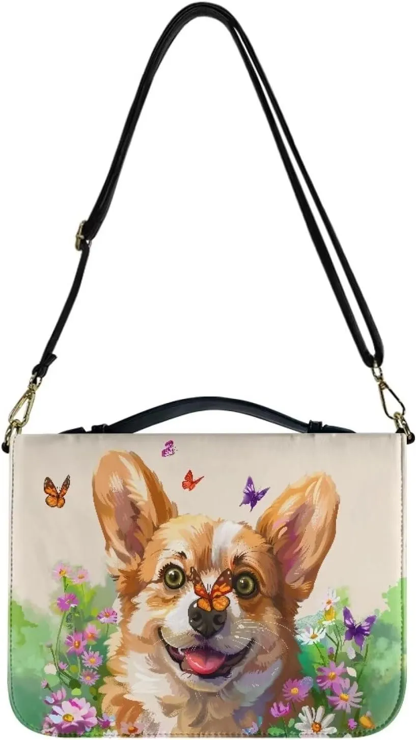 Suobstales Corgi Dog Butterfly Daisy Print Bible Cover Book Cover for Women Men PU Leather Bible Case Bible Protective with Shoulder Strap, Waterproof Bible Tote Bag Handbag Bible Accessories, XL