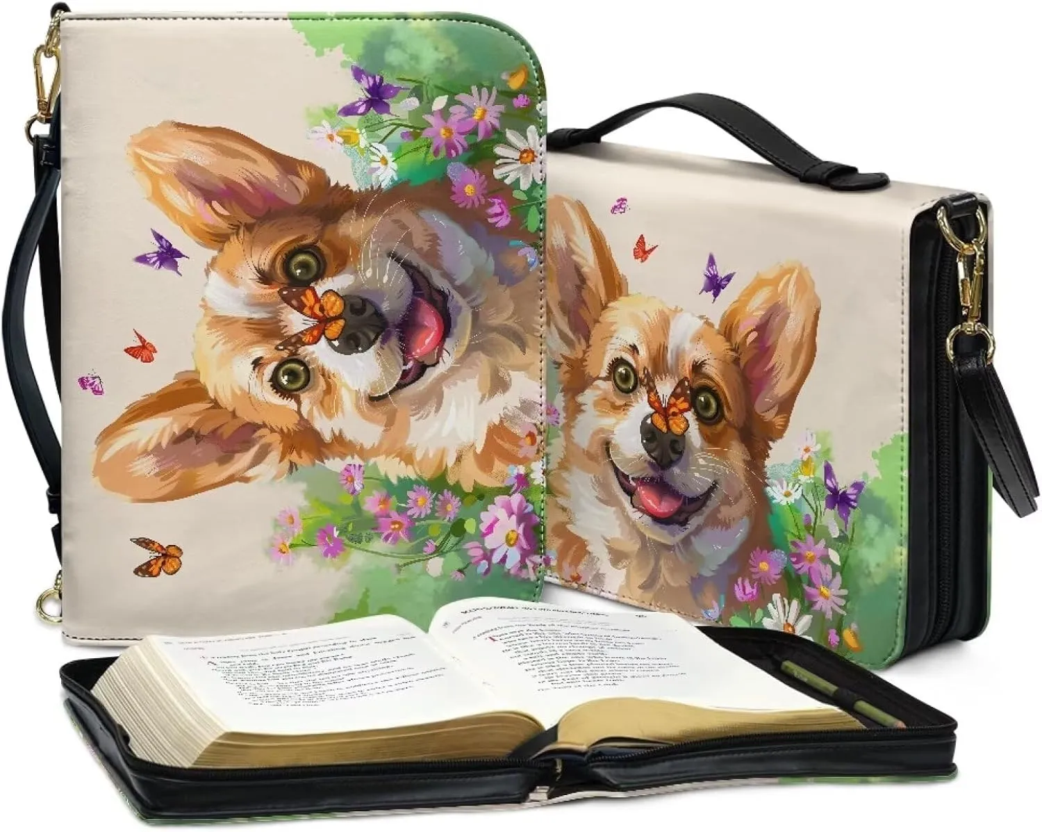 Suobstales Corgi Dog Butterfly Daisy Print Bible Cover Book Cover for Women Men PU Leather Bible Case Bible Protective with Shoulder Strap, Waterproof Bible Tote Bag Handbag Bible Accessories, XL